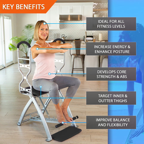 Woman using a Pilates PRO Chair™  in her home with key benefits listed on a blue and gray background.